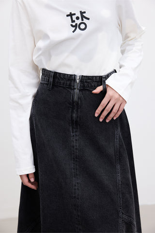 Ruffled Denim Skirt Black