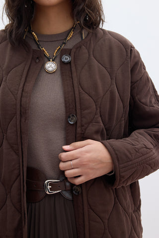 Buttoned Short Quilted Jacket Dark Brown
