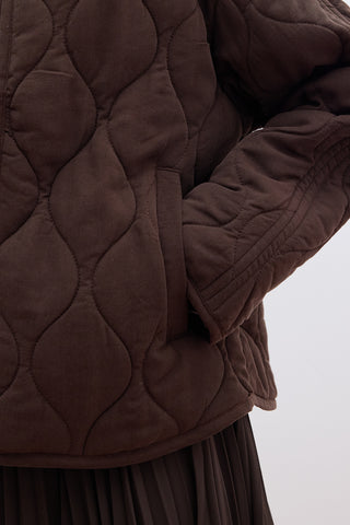 Buttoned Short Quilted Jacket Dark Brown