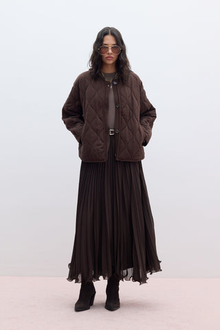 Buttoned Short Quilted Jacket Dark Brown