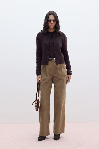 Ribbed Velvet Straight Fit Trousers Camel
