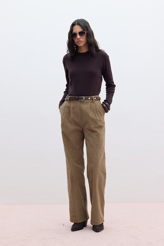 Ribbed Velvet Straight Fit Trousers Camel