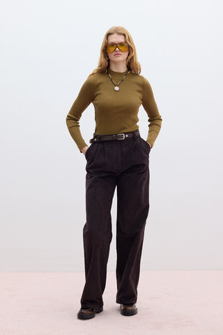 Ribbed Velvet Straight Fit Trousers Dark Brown