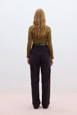 Ribbed Velvet Straight Fit Trousers Dark Brown