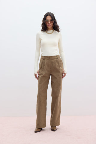 Ribbed Velvet Straight Fit Trousers Camel