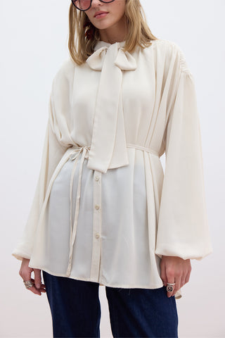 Tie Detail Balloon Sleeve Shirt Beige