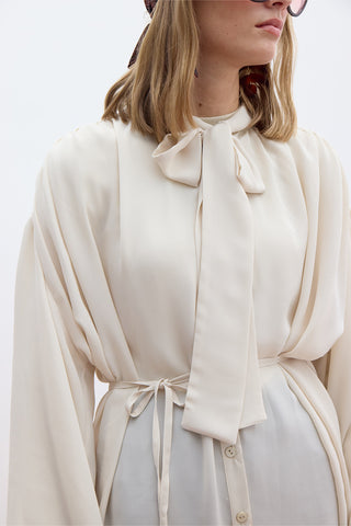 Tie Detail Balloon Sleeve Shirt Beige