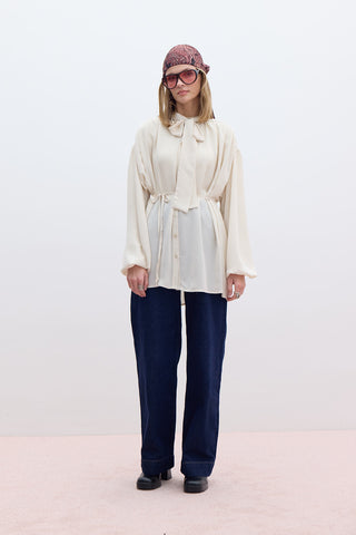 Tie Detail Balloon Sleeve Shirt Beige