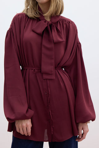 Tie Detail Balloon Sleeve Shirt Burgundy