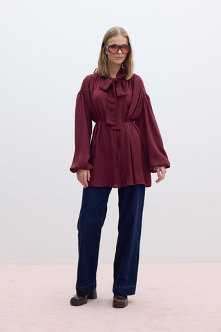 Tie Detail Balloon Sleeve Shirt Burgundy