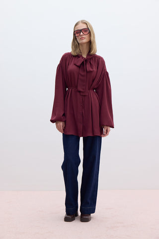 Tie Detail Balloon Sleeve Shirt Burgundy