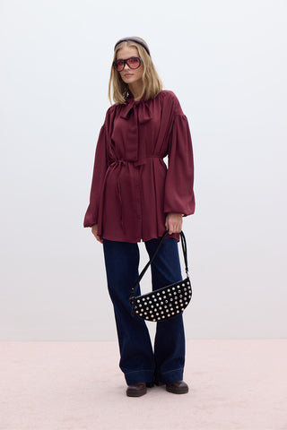 Tie Detail Balloon Sleeve Shirt Burgundy