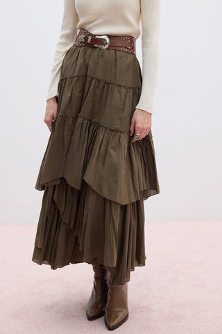Tiered Boho Voile Skirt Khaki