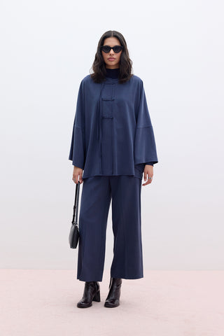 Tencel Wide Leg Trousers Navy Blue