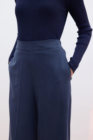 Tencel Wide Leg Trousers Navy Blue