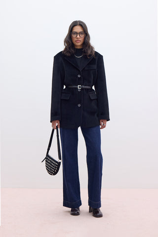 Kemerli Kaşe Ceket Siyah