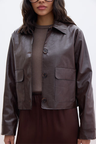 Short Faux Leather Jacket Dark Brown