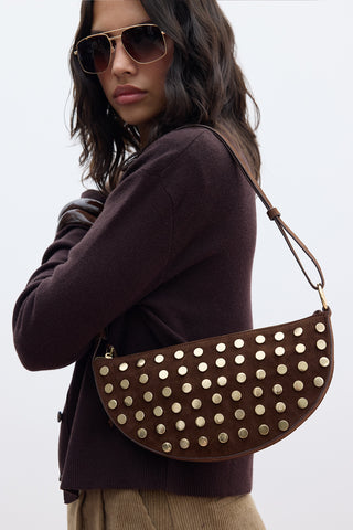 Studded Faux Suede Bag Dark Brown