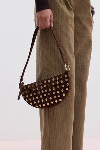 Studded Faux Suede Bag Dark Brown