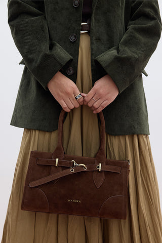 Grace Faux Suede Belted Bag Dark Brown