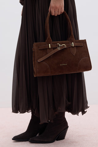 Grace Faux Suede Belted Bag Dark Brown
