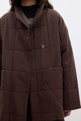 High-Neck Quilted Jacket Brown