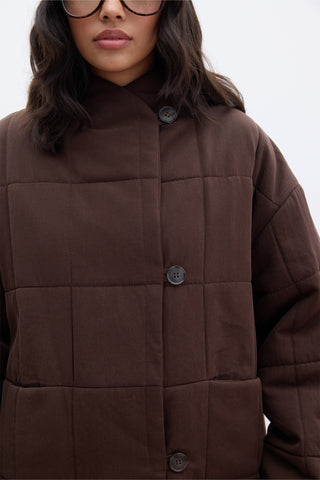 High-Neck Quilted Jacket Brown