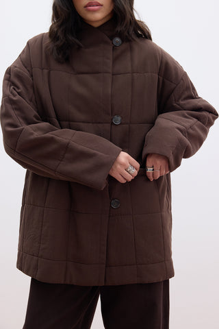 High-Neck Quilted Jacket Brown