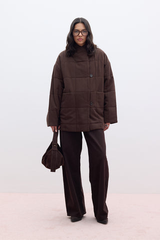 High-Neck Quilted Jacket Brown