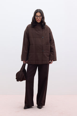 High-Neck Quilted Jacket Brown