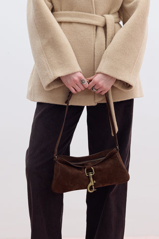 Faux Suede Bag With Buckle Detail Dark Brown