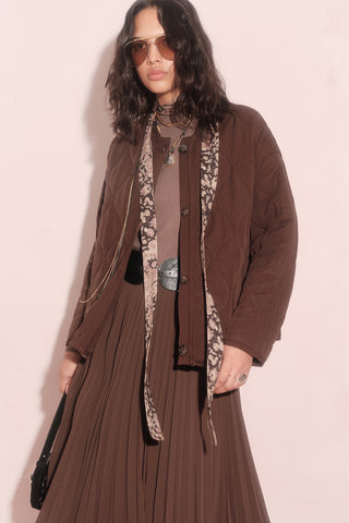 Buttoned Short Quilted Jacket Dark Brown