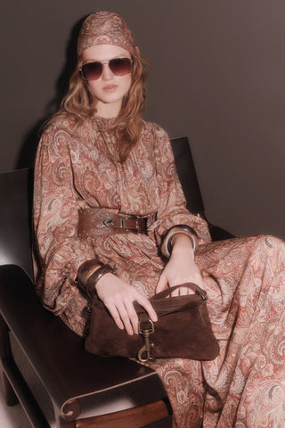 Faux Suede Bag With Buckle Detail Dark Brown