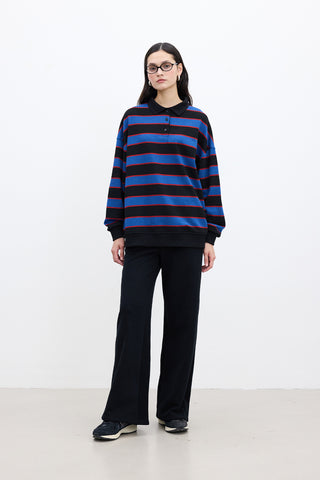 Polo Yaka Büyük Boy Sweatshirt Mavi