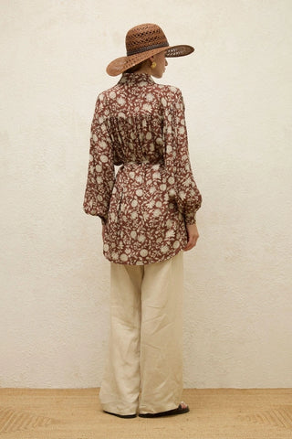 Patterned Viscose Belt Shirt Ethnic Burgundy