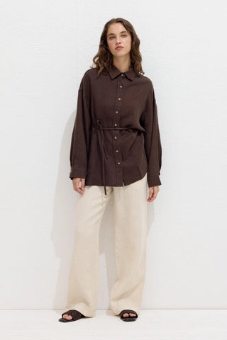 Linen Oversize Buttoned Shirt Dark Brown