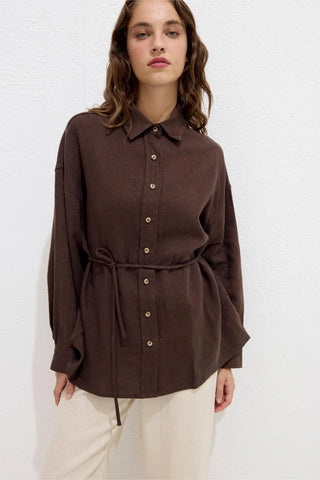 Linen Oversize Buttoned Shirt Dark Brown