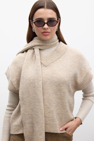 Knit Sweater Vest With Scarf Beige