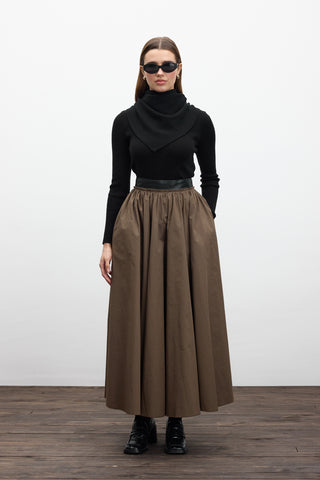 Leather Detail A-Line Skirt Khaki