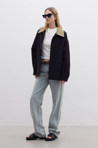 Contrast Collar Gabardine Jacket Black