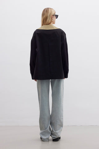 Kontrast Yaka Gabardin Ceket Siyah