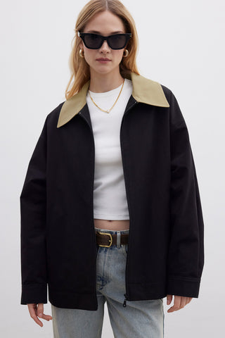 Contrast Collar Gabardine Jacket Black