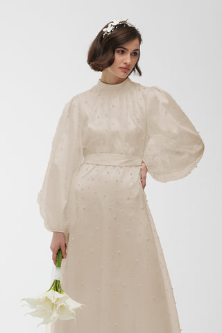 Pearl Stone Detailed Tulle Evening Dress Beige