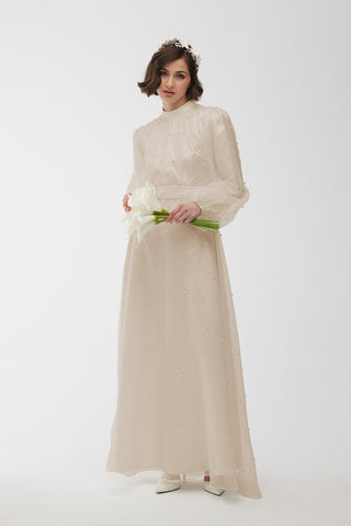 Pearl Stone Detailed Tulle Evening Dress Beige