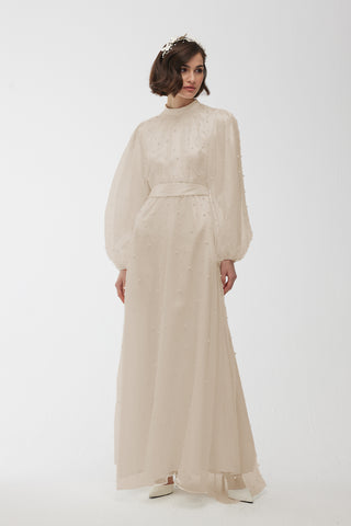 Pearl Stone Detailed Tulle Evening Dress Beige