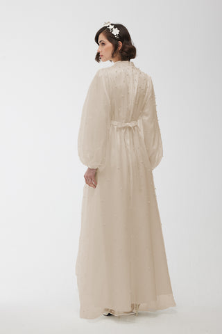 Pearl Stone Detailed Tulle Evening Dress Beige