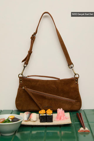 Mari Suede Baguette Bag Tan