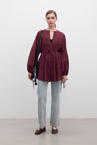 Pileli Detaylı Voile Tunik Bordo