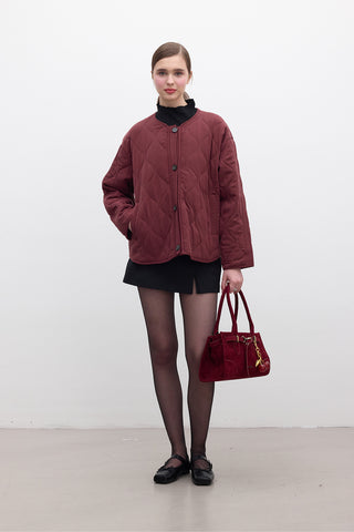 Buttoned Short Quilted Jacket Cherry Red