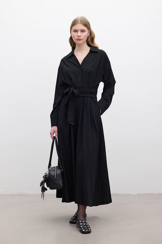 Pleated Belted Dress Black